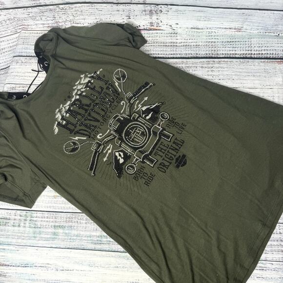 Harley-Davidson Tops - Harley Davidson Olive Green Corset Back Bling Logo Women's Shirt LG